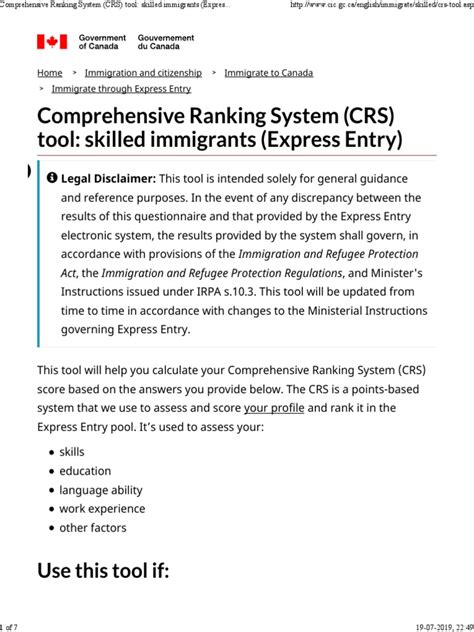 Comprehensive Ranking System (CRS) tool: skilled immigrants .